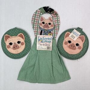 Vintage Enchanted Cottage Pig Kitchen Towel Potholder Clip-On Set Farmhouse NEW